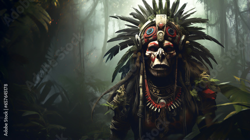 A shaman in a mask in the jungle performs a ritual