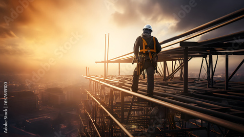 Construction engineer or worker at top of building, scaffolding installation project