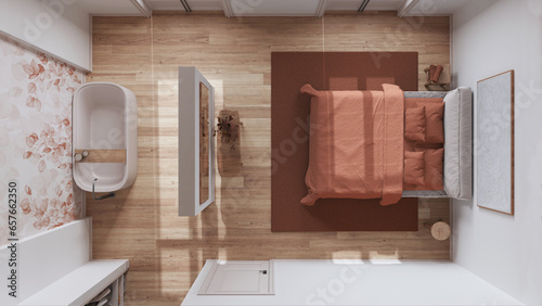 Scandinavian nordic wooden bedroom and bathroom in white and orange tones. Double bed and bathtub, walk in closet. Top view, plan, above. Minimal interior design