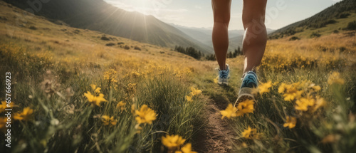 legs of athlete running in the mountain on a beautiful sunny day- Runner training in the mountain - Fitness lifestyle, sport and healthy concept, unrecognizable person
