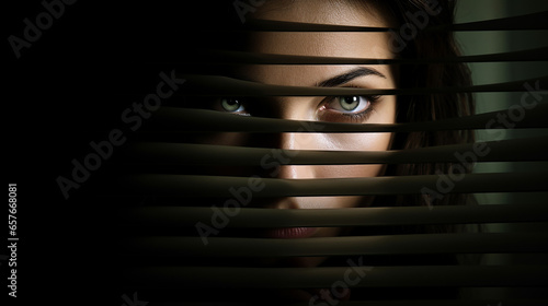 mulher espreita através de persianas fechadas para seguir o vizinho ou descobrir informações secretas
