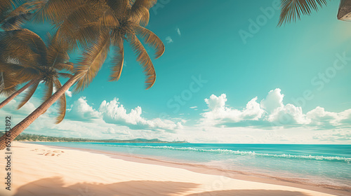 Palm trees shadow on the sandy beach and turquoise ocean from above. Amazing summer nature landscape. Stunning sunny beach scenery, relaxing peaceful and inspirational beach vacation template