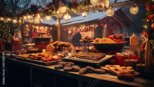 a vendor's stall filled with an array of holiday goodies, from handmade crafts to festive treats. the vibrant colors and textures of the items for sale.