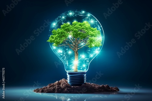 Tree with soil on light bulb. Digital and technology convergence. Blue light and network background. Green computing, technology, ethics concept. Generative AI