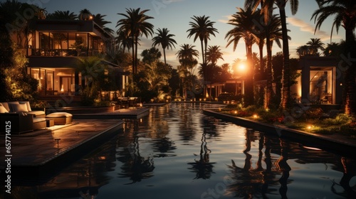 Immerse yourself in a picturesque scene where a modern Moroccan luxury courtyard is bathed in the warm light of sunset. Luxury villa with swimming pool and relaxation area.