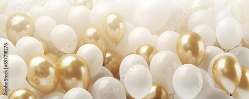 A festive display of white and gold balloons