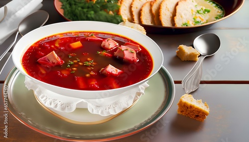 Dinner Table with Borscht or Tomato Beet Soup