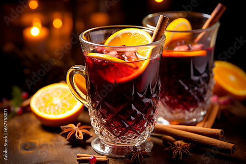 Mulled wine with spices and orange slices, hot winter Christmas drink in a transparent glass.