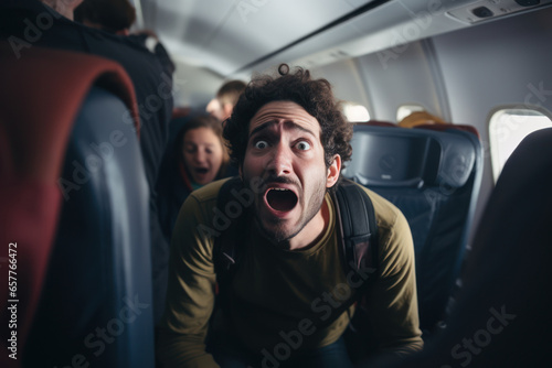 Inside the plane, with a nervous passenger looking out the window with a look of panic on their face, capturing the fear of heights. Generative Ai