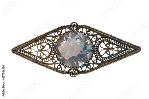vintage silver filigree brooch with quartz made in USSR 1954 isolated on transparent background