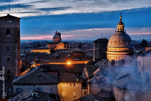 Night aerial view of the city of Reggio Emilia as seen from the tower of the church of San Prospero. Emilia Romagna, Italy