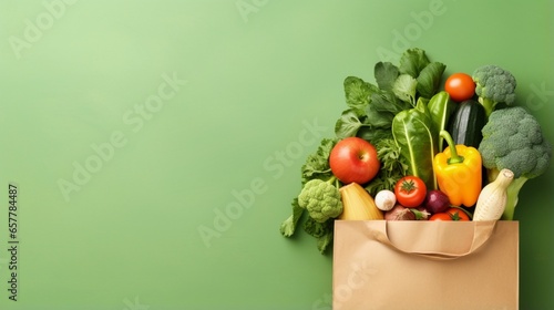 Healthy vegan vegetarian food in paper bag vegetables and fruits on green, copy space