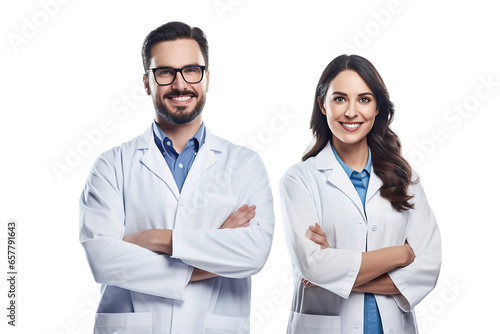 Happy Chemist Team: Standing with Crossed Arms. Isolated on Transparent Background.