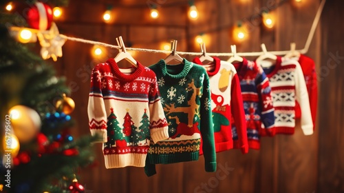 Flat lay of colorful National Ugly Christmas Sweater Day decorations 