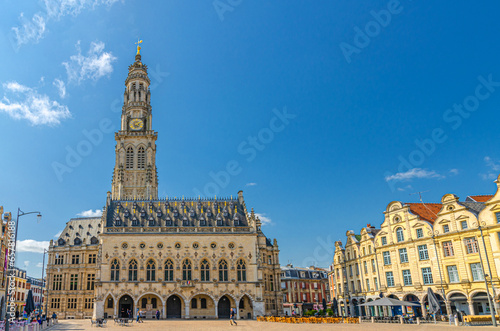 Arras Hotel de Ville town hall building with belfry and Flemish-Baroque-style townhouses on La Petite Place des Heros in historical center, Pas-de-Calais department, Hauts-de-France Region, France