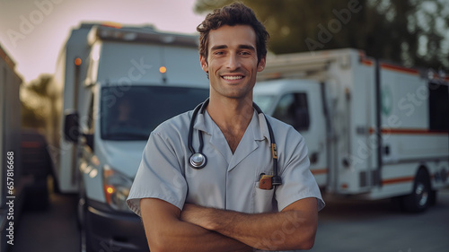 a Smiling young male doctor looking at camera and arm crossed front of ambulance ready to handle emergencies and treat patients.