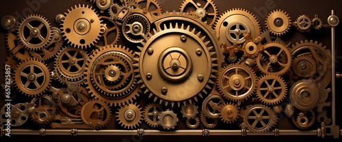 An intricate, steampunk-style gear mechanism with interlocking cogs and gears.