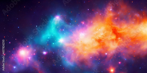 Wolken aus leuchtend bunten Galaxien in der Weite des Universums. Strahlende Sonnen und regenbogen farbenes dramatisches Glühen