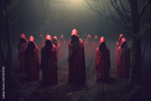 Group of mystery people in a red hooded cloaks in the forest. Generative Ai