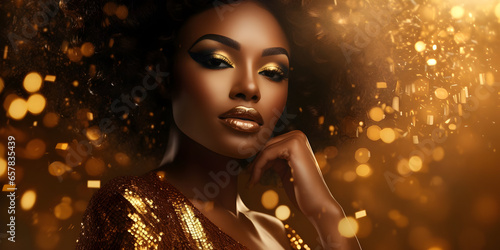 African American Woman in a Glamorous Golden Dress, Set Against a Sparkling Golden Background – Luxury and Premium Photography for Product Advertising and Design