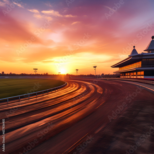 A horse racetrack with the sunrise in the background. A concept of competitive horse racing. Generative ai. 
