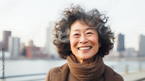 Smiling Old Chinese Woman with Brown Curly Hair Photo. Portrait of Casual Person in City Street. Photorealistic Ai Generated Horizontal Illustration..