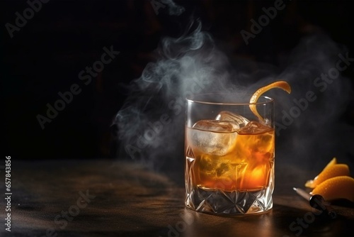 Smoky rum cocktail served with ice cubes. Generative AI