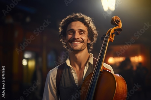 A man holding a cello and smiling at the camera. Perfect for musicians, music lovers, and classical music enthusiasts.