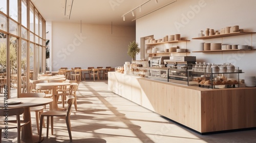 A contemporary cafe with minimalist decor and a display of artisanal pastries, creating a serene space for coffee enthusiasts