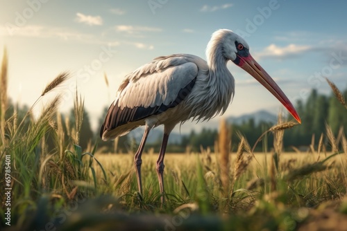 A bird with a long beak standing in a field. This image can be used to depict wildlife, nature, or birdwatching.