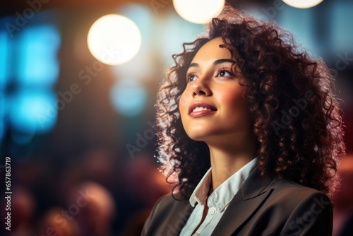 Close up Portrait of young Businesswoman attending a leadership business conference, listening to Motivational inspiring confident speakers and gaining insights into effective practices Event.
