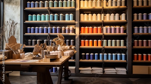an artisanal paper store, with rolls of handmade paper and shelves of artisan ink bottles