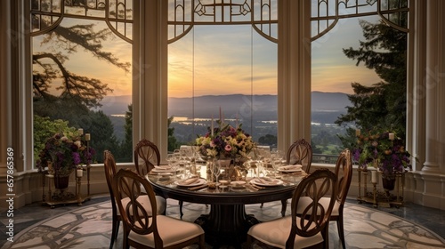 an elegant dining room with a view, where a grand, floor-to-ceiling window reveals a picturesque landscape as the backdrop to a gourmet meal