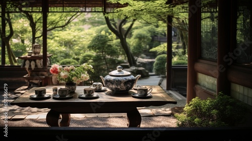 an image of a traditional teahouse in a tranquil garden, with a wooden table set for a tea ceremony, delicate porcelain teacups, and serene surroundings