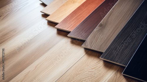 Wood laminate floor square samples, vinyl tile. Assortment of parquet or laminate floor samples in natural colors. Oak wooden background. 