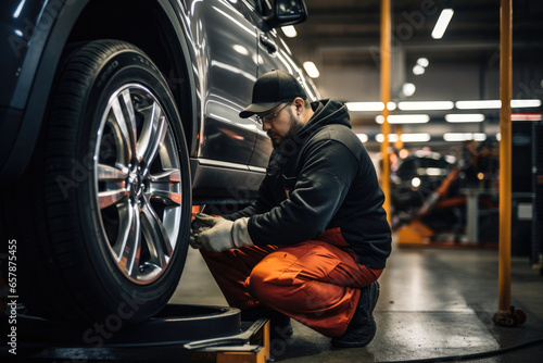 Mechanic changing tires on a vehicle in a professional garage