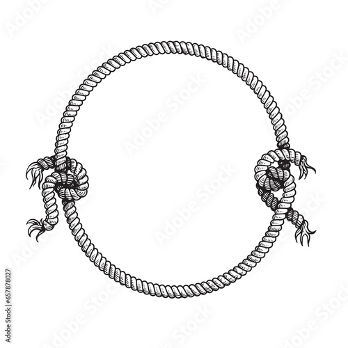 Hand drawn circle rope frame with free style nodes. Sketch nautical design element. Best for marine and western designs. Vector illustration isolated on white.