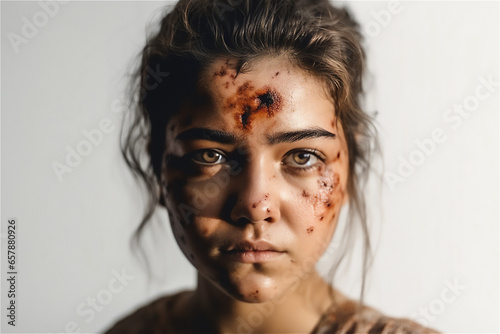 portrait of a battered young adult caucasian woman