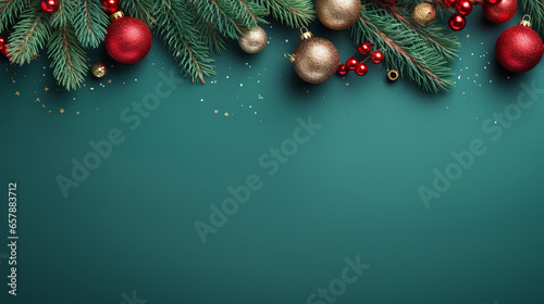 Christmas banner with Christmas saying on a green background, copy space, Christmas spheres, Generative AI