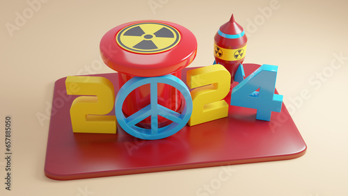 3d rendering of the date 2024. The numbers of the date 2024 are next to the red nuclear button and the rocket. The sign of pacifism blocks pressing the button. Illustration for the calendar.