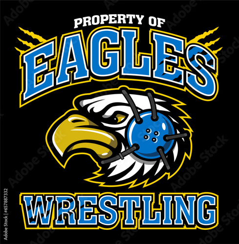 property of eagles wrestling with mascot wearing headgear for school, college or league sports