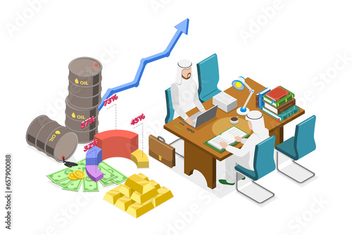 3D Isometric Flat Conceptual Illustration of Oil Business, Saudi Businessmen Meating