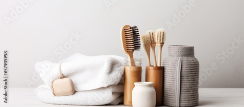 Zero waste bathroom concept featuring daily body care spa and wellness with organic waffle linen towel exfoliating body strap bamboo toothbrushes and stylish grey accessories