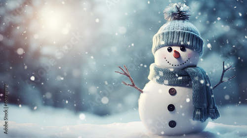 Snowy Christmas background with decorative and fun snowman.