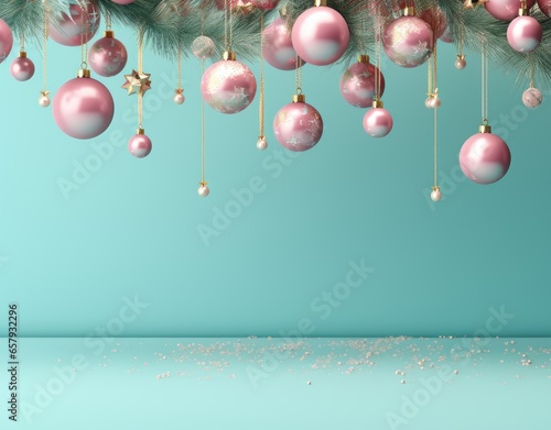 Christmas pink and turquoise balls and Christmas decor on a turquoise background. copy space