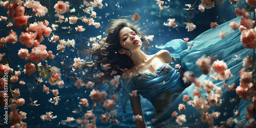 Wunderschönes Model Frau liegend mit einzigartigen blauen fliegenden Seiden Tüchern Nahaufnahme in Querformat als Banner, ai generativ