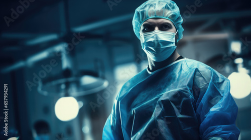 Generative AI, doctor in a mask and gown in the operating room, hospital, clinic, operation, treatment, surgeon, resuscitation, cardiology, neurosurgery, disease, virus, pandemic, medicine, medical