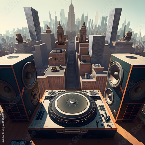 Super realistic wide angle view of a cityscape where two of the skyscrapers in the distance are actually gigantic stereo speakers facing forward and theres a huge record player on the roof of a 