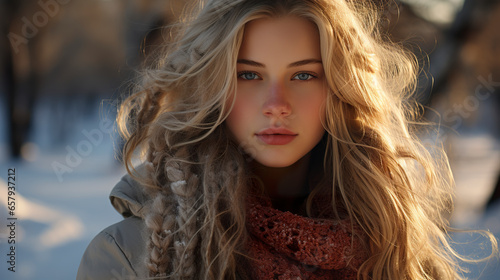 A young Russian model of elegance and captivating beauty. Beautiful young woman with fair skin and long platinum blonde hair in authenticity and unique expression.