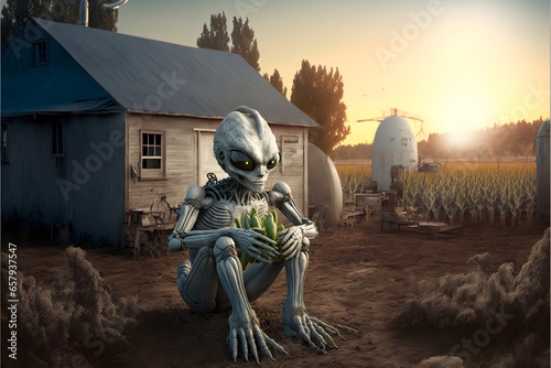 Alien at the farm colour picture full body shot ultra detailed photorealistic 